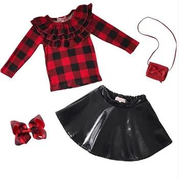 Emotion Moms Babygirl Платье с круглым вырезом и длинным рукавом Черная кожаная юбка Костюм Дети Осень Детская одежда Одежда для девочек
