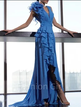 сексуальные длинные синие шифоновые вечерние платья с разрезом A-образного выреза V-образным вырезом плиссированные маленькие шлейфы выпускной вечер для женщин на заказ