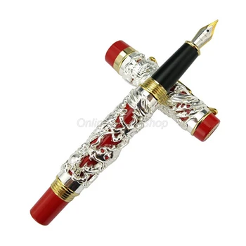 Jinhao Классическая перьевая ручка Dragon Phoenix, тяжелая ручка для тиснения по металлу, серебристая и красная для чернильной ручки для письма