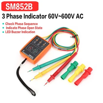 SM852B 3 Тестер вращения 3 фазы Цифровой индикатор фазы Детектор Светодиодный зуммер Измеритель последовательности фаз Тестер напряжения Инструменты 60 В ~ 600 В переменного тока