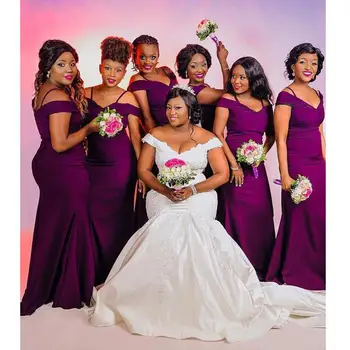 Новые элегантные фиолетовые атласные платья для свадебной вечеринки длинные африканские большие размеры с открытыми плечами русалка платье невесты