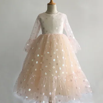 Детское свадебное платье Сетка для девочек с длинным рукавом Производительность День рождения Пышная принцесса Платье средней длины