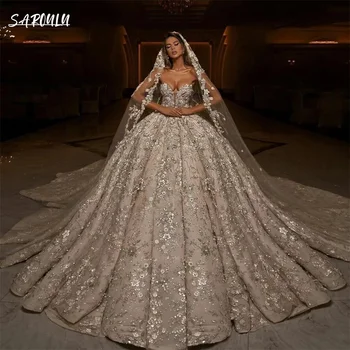 Роскошные аппликации из бисера 3D Цветочное свадебное платье Королевское свадебное платье в пол без бретелек Элегантное Vestidos De Novia