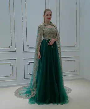 Hunter Green Выпускные платья с накидкой Золотая кружевная аппликация Арабский кафтан Дубай Вечернее платье Abaya Vestidos de mujer