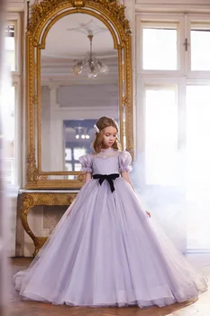 Элегантное фиолетовое платье для девочки-цветка для свадьбы тюль пухлый с коротким рукавом длина до пола детские евхаристические платья на день рождения