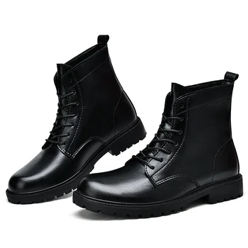 2023 Зимняя брендовая обувь на низком каблуке для мужчин Мужские ботильоны на шнуровке Повседневная мужская кожаная обувь на квадратном каблуке Мужские ботинки больших размеров