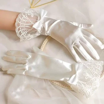 Дата свадьбы Белые атласные кружевные короткие перчатки Женские аксессуары невесты