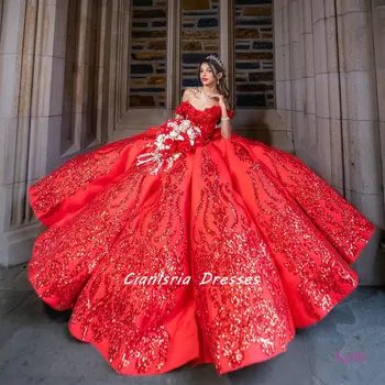 Красный 3D Цветы Quinceanera Платья Бальное платье с открытыми плечами Аппликации с пайетками Корсет Sweet 15 Vestidos De Quinceañera