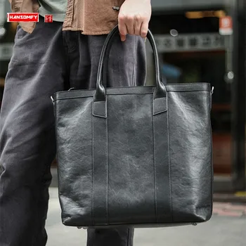 Мягкие черные мужские сумки из натуральной кожи Вертикальная сумка из воловьей кожи для ноутбука Большой деловой портфель Сумки через плечо