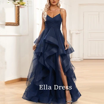 Ella Classic A Line Бальное платье с V-образным вырезом Кружевное вечернее платье с высоким разрезом Спагетти на бретелях Вечернее платье с открытой спиной Цельное платье Платье