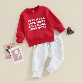 Малыш День святого Валентина Наряд Письмо Принт Пуловер Толстовка Однотонные брюки Детская рубашка с длинным рукавом и Набор брюк