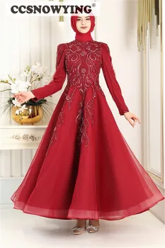 Роскошный красный хиджаб Мусульманское вечернее платье с длинным рукавом Вечернее платье с длинным рукавом Бисер Высокий воротник Аравия Дубай Кафтан Исламские халаты De Soirée
