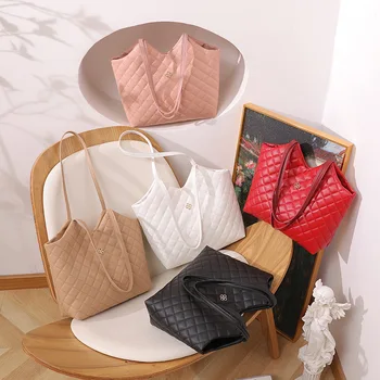 Новая популярная повседневная однотонная сумка на одно плечо с ромбовидной сеткой с большой емкостью нишевая сумка-шопер для женщин