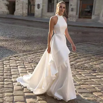 POMUSE Белый роскошный свадебный платье с недоуздком Атласное платье невесты без рукавов на заказ Vestido de Novia для женщин