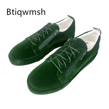  Зеленые роскошные бархатные кроссовки Мужчина с круглым носком и боковой молнией Плоские мужские модные лоферы