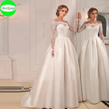 Горячий атлас Свадебные платья с полным рукавом для женщин 2024 Лодочка Шея Vestidos De Novia Элегантные аппликации с поясом Платья невесты A-Line
