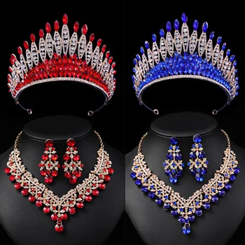качество красный горный хрусталь кристалл ожерелье серьги корона корона свадебные ювелирные изделия наборы для женщин невеста свадебная вечеринка тиары и короны наборы