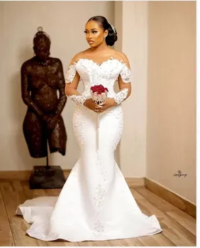 Потрясающая иллюзия Вырез Русалка Африканские свадебные платья Халат De Mariée Кружевные аппликации Свадебные платья с бусинами