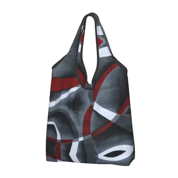Современный абстрактный серый красный завитки сумка для покупок женщины портативные продукты большой емкости красочная текстура геометрические сумки для покупок