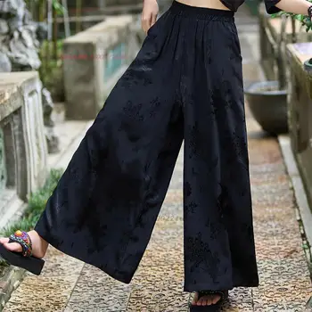 2024 китайские винтажные атласные жаккардовые шаровары брюки женские национальные эластичные талия шаровары этнические повседневные свободные брюки с широкими штанинами