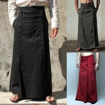 2023 Мужская однотонная двубортная юбка с высокой талией Ретро Мода Карман Строчка Свободный фартук