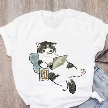 Милый кот Забавная мультяшная женская футболка Симпатичная футболка Harajuku Graphic Ulzzang Print Футболка Мода Эстетика Топ Хлопковая футболка