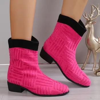 Женская обувь в продаже 2023 Бренд Скольжение на женских сапогах Острый носок Смешанные цвета Флок Короткий ствол Низкий каблук Zapatillas de Mujer