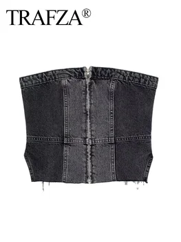 TRAFZA 2023 Женская уличная одежда-бюстье с открытыми плечами Женский джинсовый укороченный топ Женская майка Женские джинсовые топы с потертой спиной