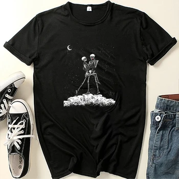 Seeyoushy Скелет Танцующий на облаках Принт Летняя мода Женская О-образный вырез Топ Y2K Trend Женская футболка Harajuku Streetwear