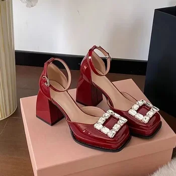 Crystal Mary Janes Женская обувь Высокие каблуки Обувь на платформе Лето 2024 Платье Lolita Обувь Массивные туфли с квадратным носком Zapatos Mujer