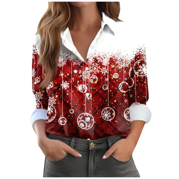 2023 Новая женская рубашка Мода Рождественский принт Повседневная базовая рубашка на пуговицах Воротник С длинным рукавом Универсальные топы Roupas Feminina