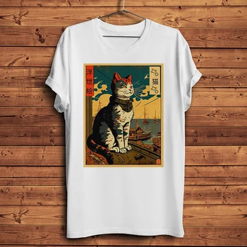 Japan Edo ukiyoe neko Cat Funny ukiyo meow TShirt Мужчины Повседневная футболка с коротким рукавом Уличная футболка унисекс с дышащим принтом