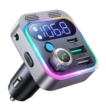 Авто Bluetooth 5.2 FM Передатчик Быстрая зарядка Тип C Двойной USB-адаптер Автомобильное зарядное устройство Красочный окружающий свет Громкая связь Двойные микрофоны