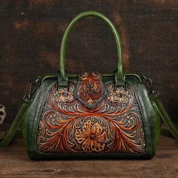 2024 Зимняя ретро тисненая женская кожаная сумка-тоут Женская роскошная сумка для покупок Универсальные женские цветочные сумки через плечо