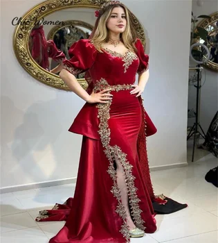 Традиционное красное албанское вечернее платье со шлейфом над юбкой, кружевное бархатное платье выпускного вечера с коротким рукавом и разрезом, Дубай, Абайя, Турция