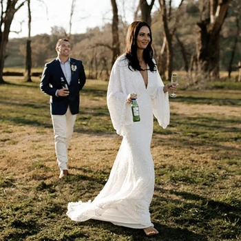 Свадебное платье с V-образным вырезом и блестками 2024 Изготовленные на заказ длинные рукава с V-образным вырезом Свадебные платья Vestidos De Novia