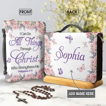 2023 Женская персонализированная сумка для Библии Цветочные бабочки Печать Ручка на молнии Учебная книга Святые коробки для хранения Изысканная обложка Библии
