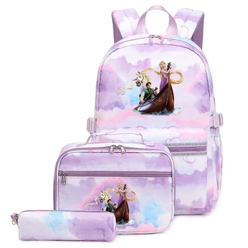 3Pcs/Set Disney Tangled Rapunzel Princess Рюкзак Красочная сумка Мальчики Девочки Школьные сумки Студент с сумкой для ланча Travel Mochilas