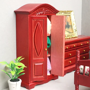 1:12 Кукольный домик Миниатюрный деревянный шкаф Резной винтажный двухдверный шкаф Модель мебели Декор Игрушка Кукла Аксессуары для дома