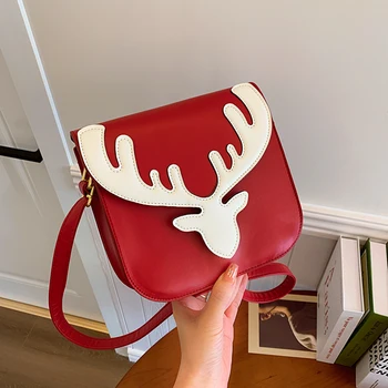 Рождественская подарочная сумка для женщин Симпатичная маленькая мультяшная сумка с оленями Сумка через плечо Леди Универсальная сумка через плечо из искусственной кожи Дизайнер