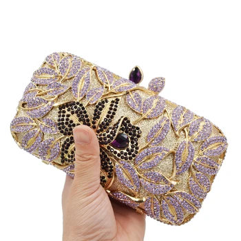 Роскошный хрустальный кошелек Фиолетовый цветок Вечерние сумки Свадебный кошелек SM28