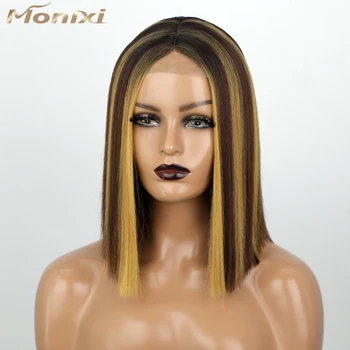 MONIXI Синтетический прямой парик Короткий боб Блондинка Парики для женщин Средняя часть Коричневый Блондин Косплей Парики Натуральные термостойкие волосы