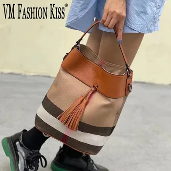 VM FASHION KISS Холст + Сумка-тоут из натуральной кожи Роскошная женская полосатая сумка Повседневные сумки через плечо большой емкости