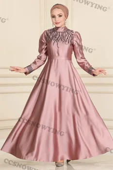 Атласные аппликации Бисер Мусульманское вечернее платье с длинным рукавом Исламские вечерние платья Арабский Дубай Женщины A Line Robe De Soirée