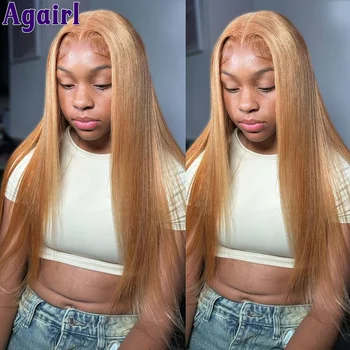 Honey Blonde # 27 Bone Straight 5X5 Lace Closure Wig Прозрачный кружевной парик из натуральных волос для женщин Бесклеевой фронтальный парик 13X4
