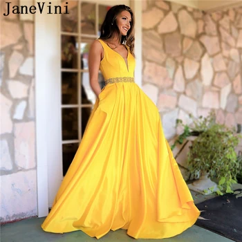 JaneVini Элегантные желтые выпускные платья A Line с карманами 2019 V-образный вырез с открытой спиной плюс размер атласное платье для выпускной вечеринки Gala Jurken